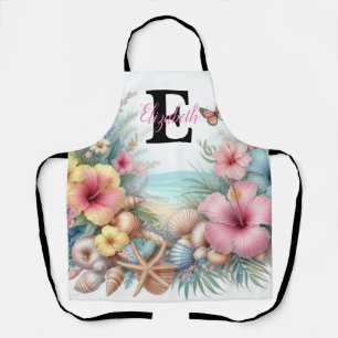 Monogram naam op waterverf Bloemen zee schelpen Schort