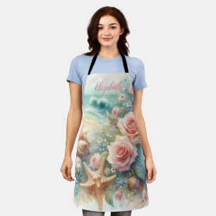 Monogram naam op waterverf Bloemen zee schelpen Schort