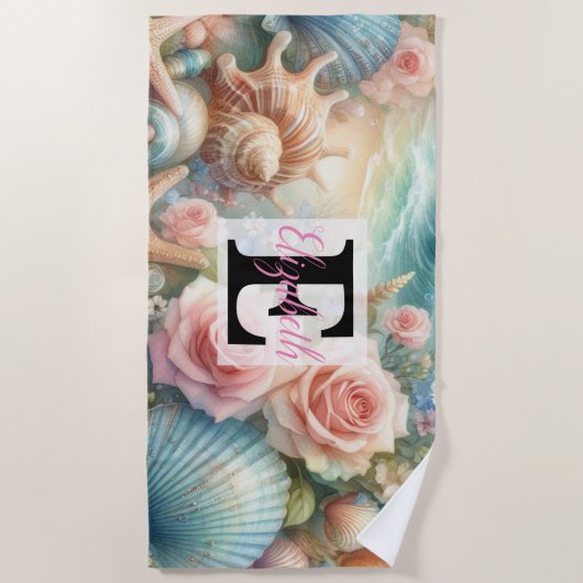 Monogram naam op waterverf Bloemen zee schelpen Strandlaken (Voorkant)