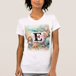 Monogram naam op waterverf Bloemen zee schelpen T-shirt