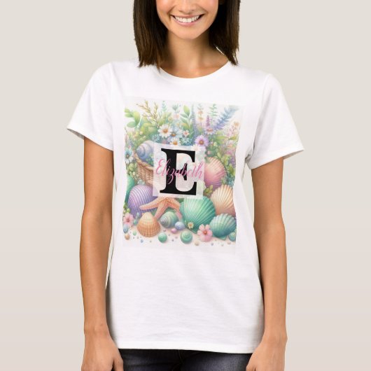 Monogram naam op waterverf Bloemen zee schelpen T-shirt (Voorkant)