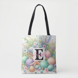 Monogram naam op waterverf Bloemen zee schelpen Tote Bag