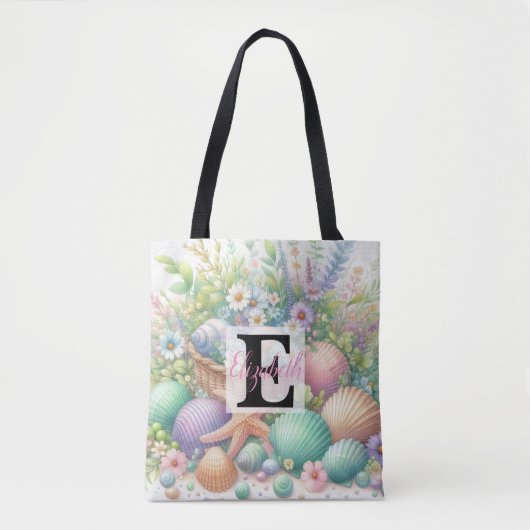 Monogram naam op waterverf Bloemen zee schelpen Tote Bag (Voorkant)