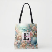 Monogram naam op waterverf Bloemen zee schelpen Tote Bag (Voorkant)