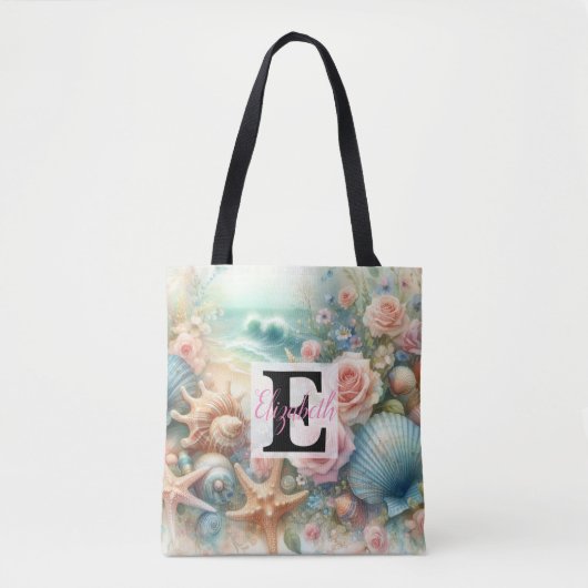 Monogram naam op waterverf Bloemen zee schelpen Tote Bag (Voorkant)