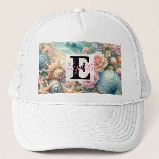 Monogram naam op waterverf Bloemen zee schelpen Trucker Pet (Voorkant)