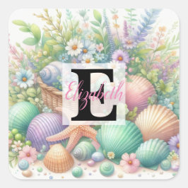 Monogram naam op waterverf Bloemen zee schelpen Vierkante Sticker