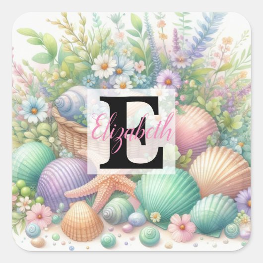 Monogram naam op waterverf Bloemen zee schelpen Vierkante Sticker (Voorkant)