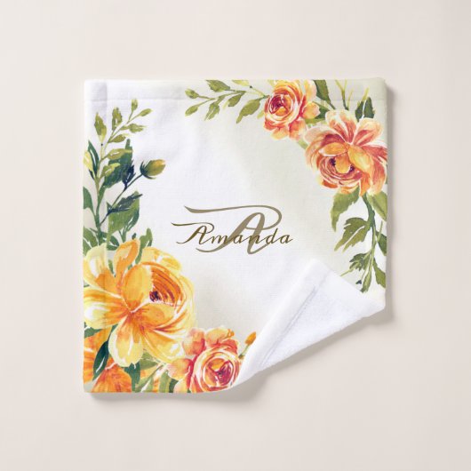 Monogram Naam Oranje Geel Bloemrijk Groen Modern Bad Handdoek (Wasdoekje)