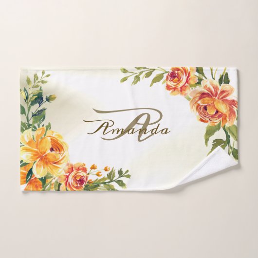 Monogram Naam Oranje Geel Bloemrijk Groen Modern Bad Handdoek (Handdoek)