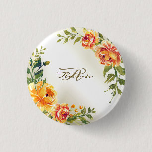 Monogram Naam Oranje Geel Floral Greenery Modern Ronde Button 3,2 Cm