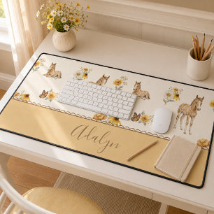 Monogram Naam Oranje Paard Wilde Bloem Patroon Bureaumat