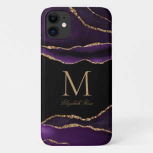 Monogram Naam Paarse Agate Goud Zwart Modern Case-Mate iPhone Case