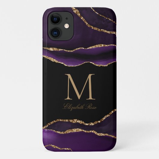 Monogram Naam Paarse Agate Goud Zwart Modern Case-Mate iPhone Case (Achterkant)