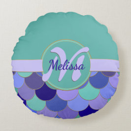 Monogram + Naam Paarse & Aqua Blauwgroen #Mermaid Rond Kussen