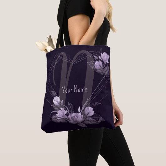 Monogram naam paarse bloem violet geometrisch fram tote bag (Dichtbij)