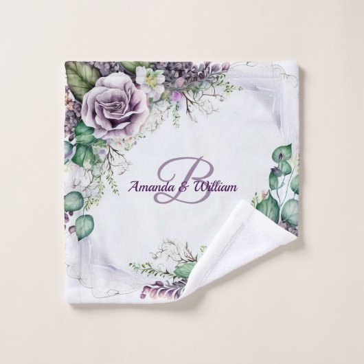Monogram Naam Paarse Floral Green Foliage Rustige Bad Handdoek (Wasdoekje)