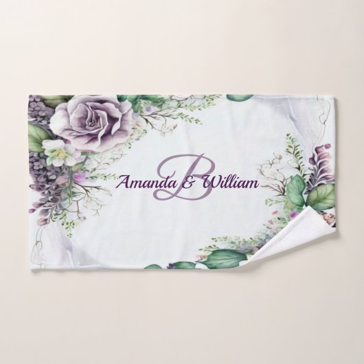 Monogram Naam Paarse Floral Green Foliage Rustige Bad Handdoek (Handdoek)