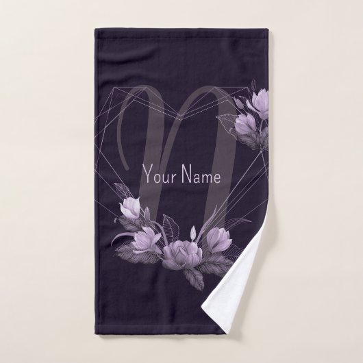 Monogram Naam Paarse Floral Violet Geometric Lijst Bad Handdoek (Handdoek)