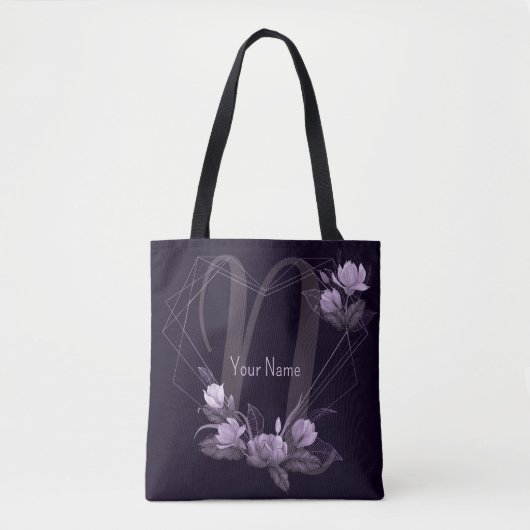 Monogram Naam Paarse Floral Violet Geometric Lijst Tote Bag (Voorkant)