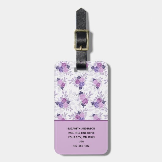 Monogram Naam Paarse Roze Floral Elegant Bagagelabel (Voorkant verticaal)