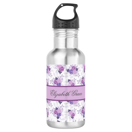 Monogram naam Paarse roze Floral Girls Waterfles (Voorkant)