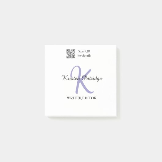 Monogram naam paarse schrijver bewerk per QR code  Post-it® Notes (Voorkant)