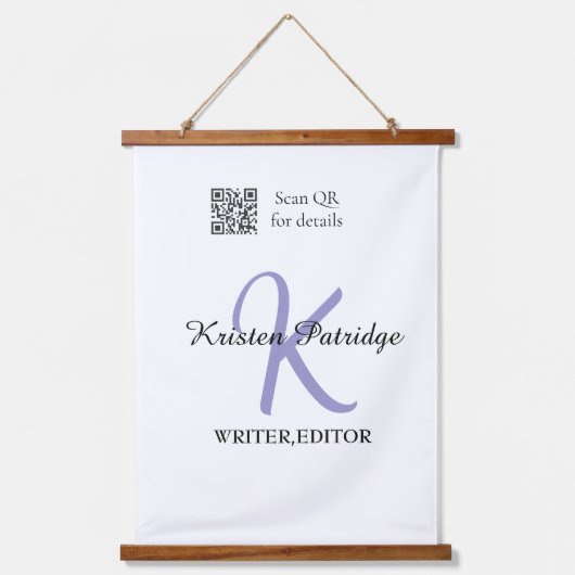 Monogram naam paarse schrijver bewerk QR code zake Hangend Wandkleed (Voorkant)