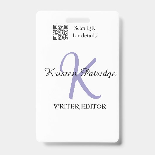 Monogram naam paarse schrijver editeren QR code za Badge (Voorzijde)