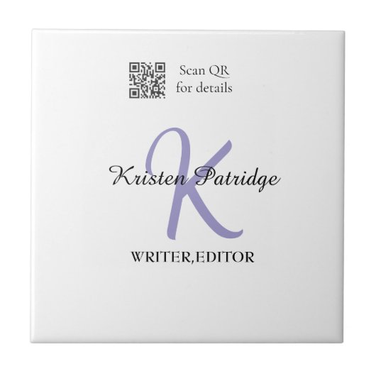 Monogram naam paarse schrijver editeren QR code za Tegeltje (Voorkant)