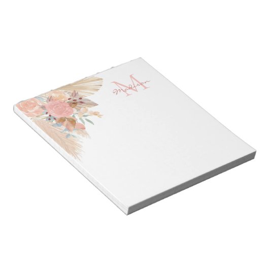 Monogram Naam Pampas Grass Floral Notitieblok (Schuin)
