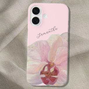 Monogram naam pastel roze bloem orchidee elegant iPhone 16 hoesje