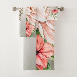 Monogram Naam Peach Sinaasappel Floral Leaves Rust Bad Handdoek