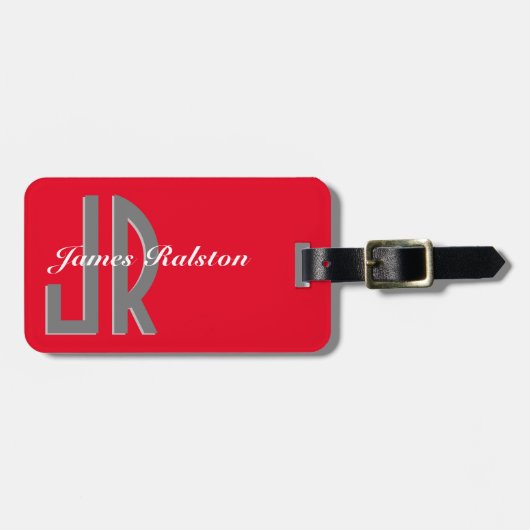 Monogram/naam personaliseren, rood, grijs en wit bagagelabel (Voorkant horizontaal)