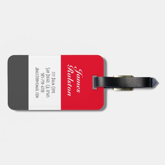 Monogram/naam personaliseren, rood, grijs en wit bagagelabel (Achterkant horizontaal)