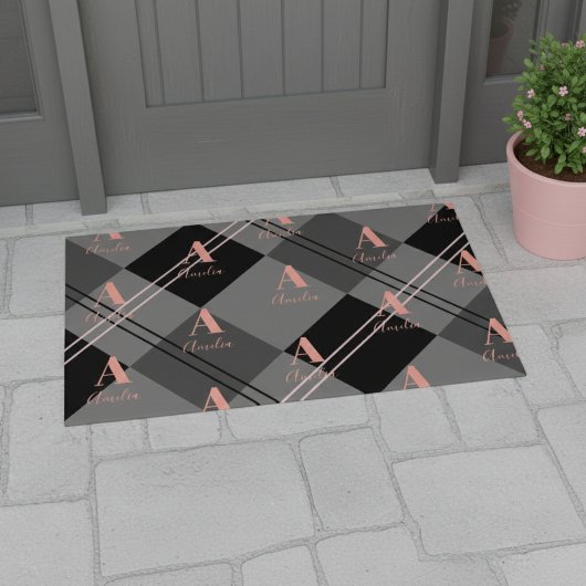 Monogram naam Plaid grijs roze Deurmat