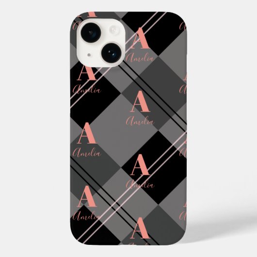 Monogram Naam Plaid Grijs Zwart Roze Case-Mate iPhone Case (Achterkant)