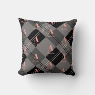 Monogram Naam Plaid Grijs Zwart Roze Kussen