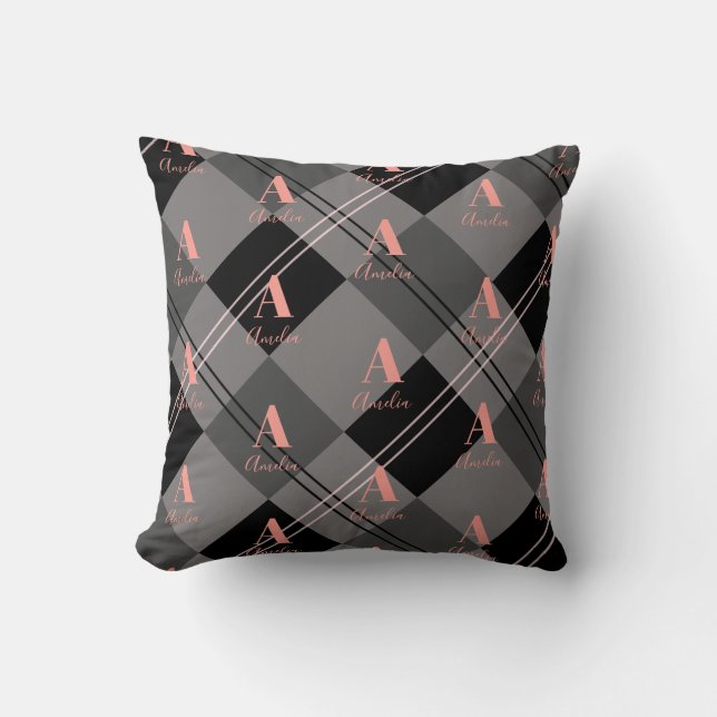 Monogram Naam Plaid Grijs Zwart Roze Kussen (Voorkant)