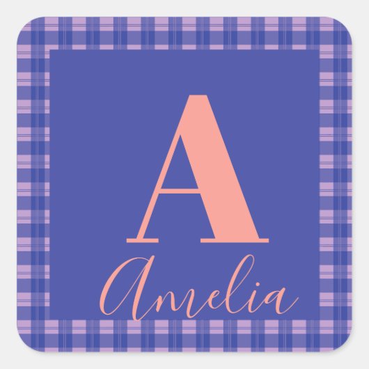 Monogram Naam Plaid Paarse Roze Verjaardagscadeau  Vierkante Sticker (Voorkant)