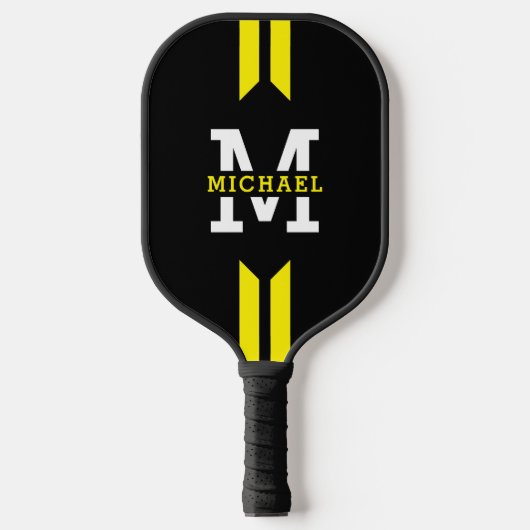 Monogram Naam Racer Gele Streep Pickleball Paddle (Voorkant)