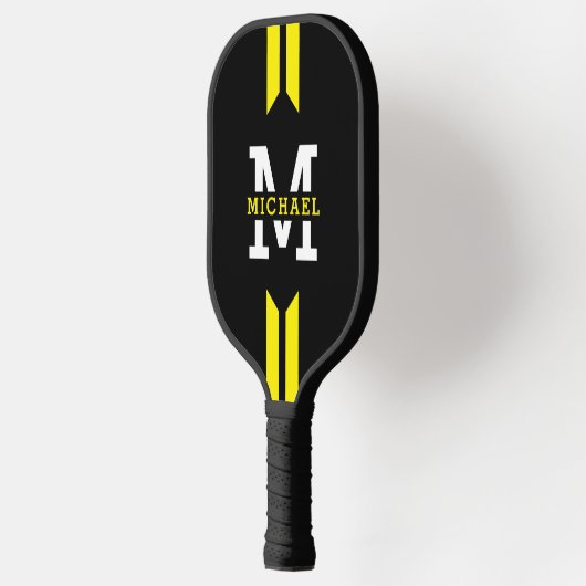 Monogram Naam Racer Gele Streep Pickleball Paddle (Links)