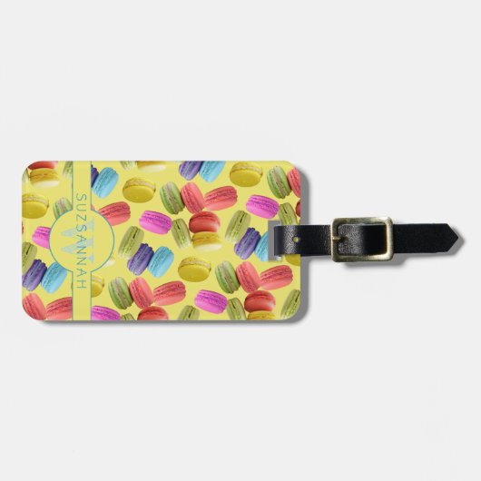 Monogram Naam Rainbow Macaron Cookies Pattern Bagagelabel (Voorkant horizontaal)