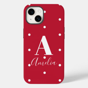 Monogram Naam Red Polka Dots Pattern Case-Mate iPhone 14 Hoesje