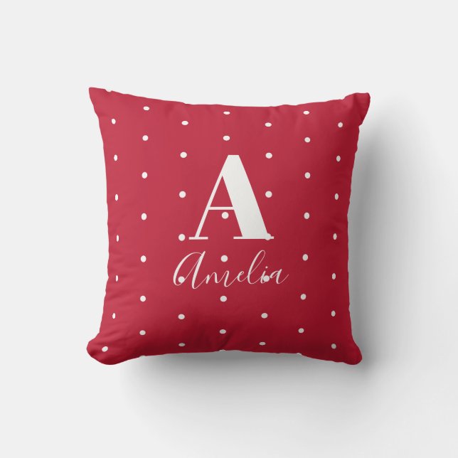 Monogram Naam Red Polka Dots Pattern Kussen (Voorkant)