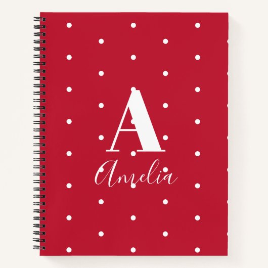 Monogram Naam Red Polka Dots Pattern Notitieboek (Voorkant)