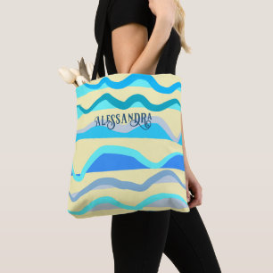 Monogram naam retro nautische blauwe gele golven tote bag