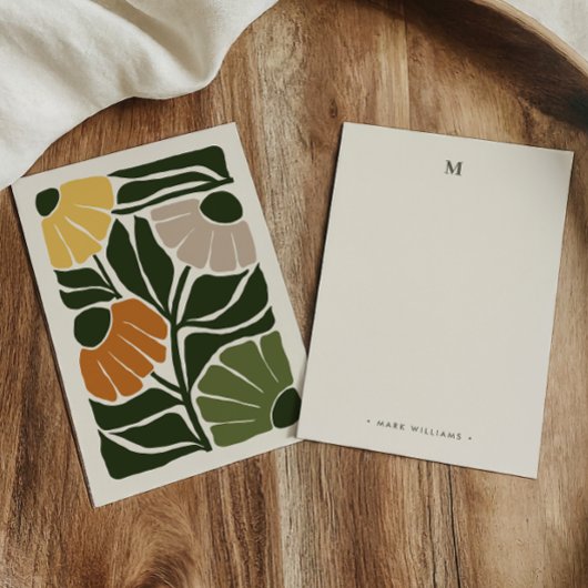 Monogram & naam Retro -stijl aardachtige bloemen Notitiekaartje