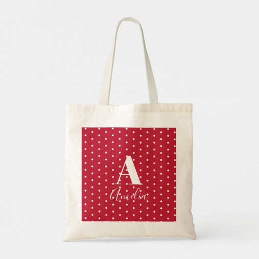Monogram naam Rode Polka Dots Tote Bag (Achterkant)
