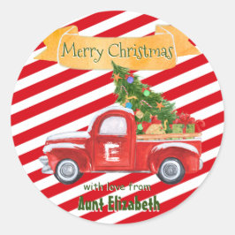 Monogram Naam  Rode Vrachtwagen Vakantie Kerstmis Ronde Sticker